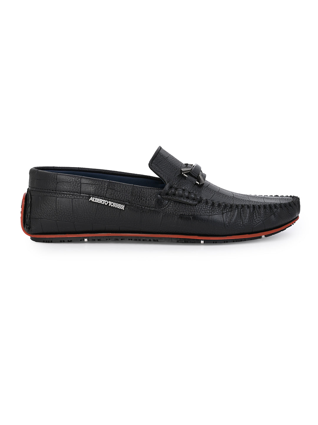 Alberto Torresi Black Round Toe Loafers With Metal Accent