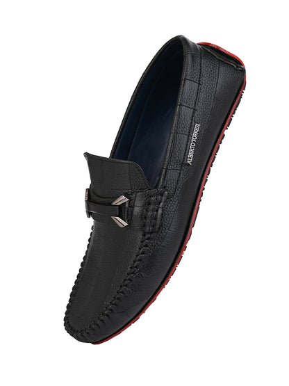 Alberto Torresi Black Round Toe Loafers With Metal Accent