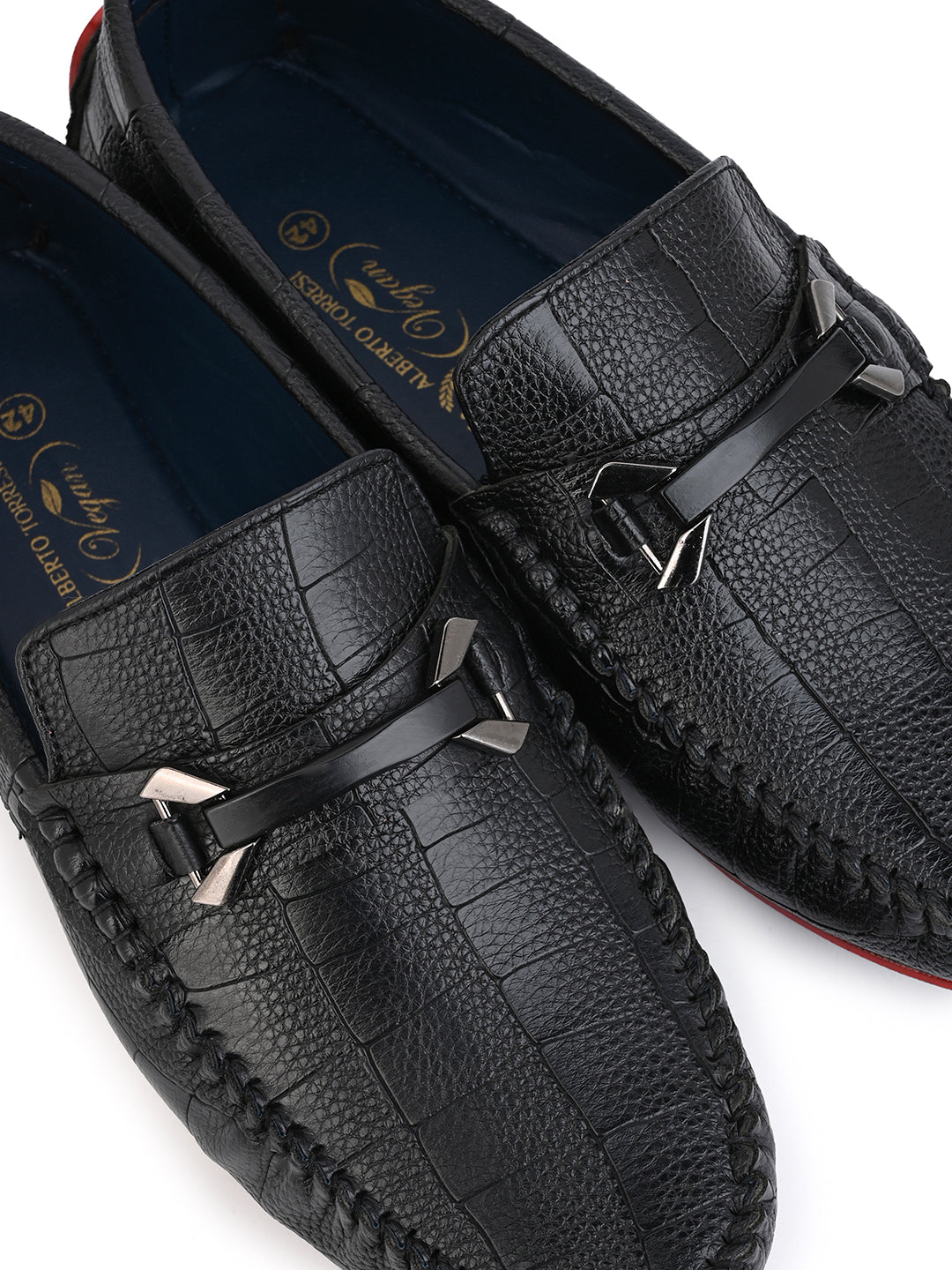 Alberto Torresi Black Round Toe Loafers With Metal Accent