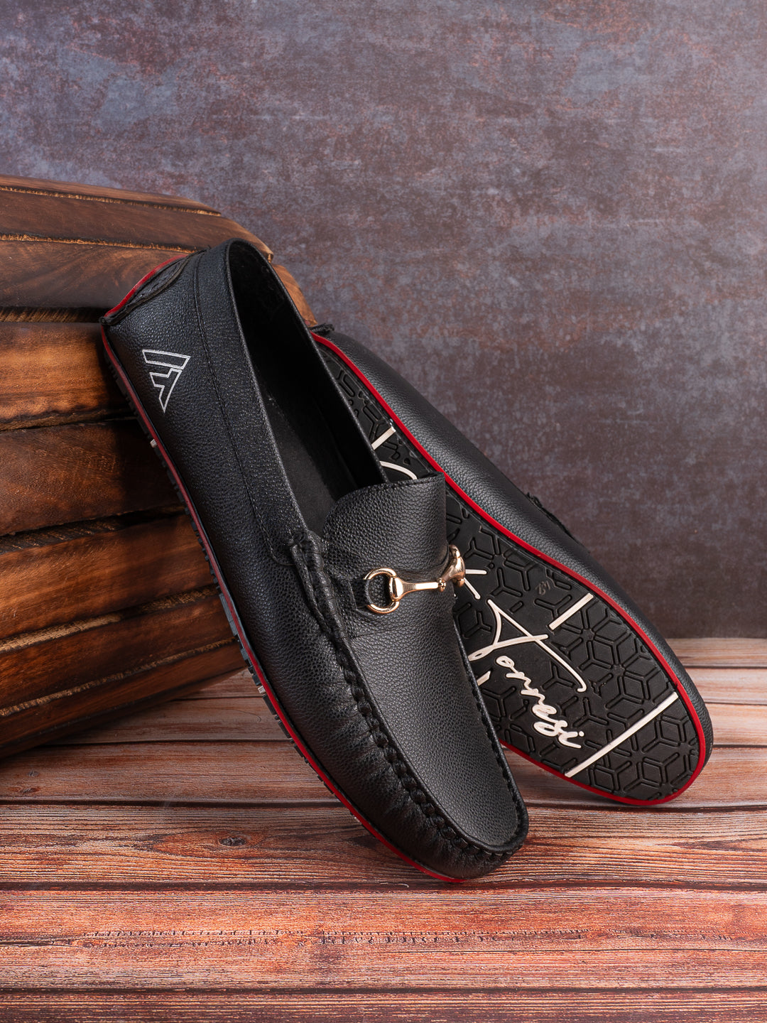 Alberto Torresi Black Round Toe Loafers With Metal Accent