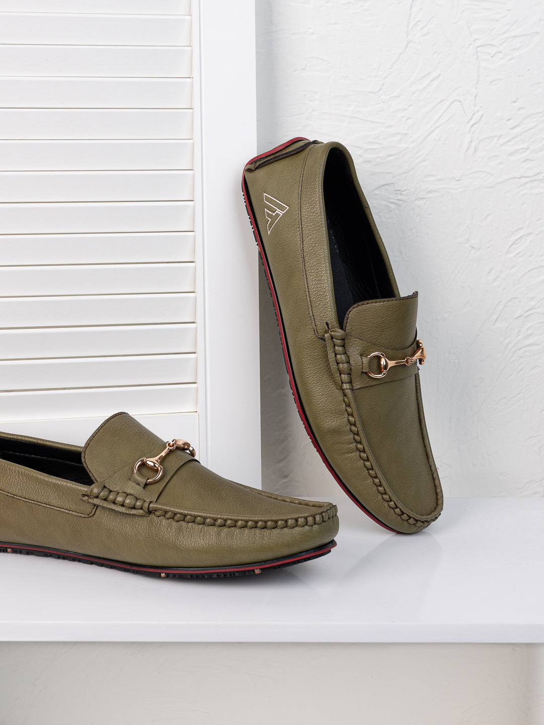 Alberto Torresi Green Round Toe Loafers With Metal Accent